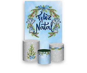 Painel De Festa Vertical + Trio De Capas Cilindro - Feliz Natal Azul Folhas