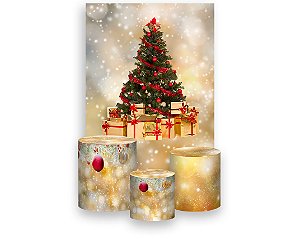 Painel De Festa Vertical + Trio De Capas Cilindro -  Feliz Natal Árvore Tons Dourado