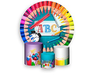 Painel de Festa 3d + Trio Capa Cilindro - Formatura Lápis Coloridos Escola ABC 04