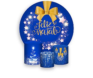 Painel de Festa 3d + Trio Capa Cilindro -  Feliz Natal Azul Efeito Glitter Dourado 029
