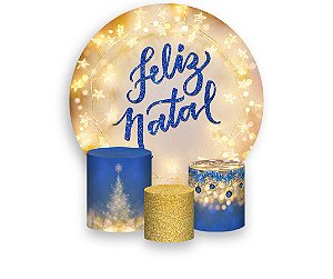 Painel de Festa 3d + Trio Capa Cilindro - Feliz Natal Brilhante Azul com Dourado 031
