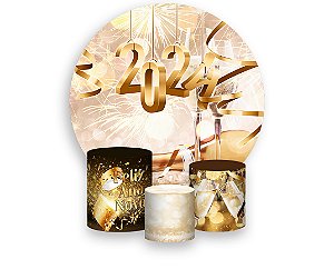 Painel de Festa 3d + Trio Capa Cilindro - Ano Novo 2024 Fogos Dourado 05