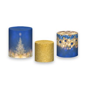 Trio De Capas De Cilindro 3d - Natal Brilhante Azul com Dourado 034