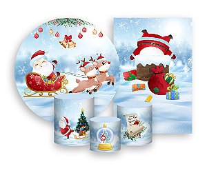 Painel De Festa Redondo + Vertical 3D + Trio Capa Cilindro - Natal Papai Noel no Treno Cute 012