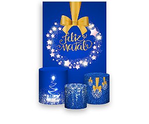 Painel De Festa Vertical + Trio De Capas Cilindro - Feliz Natal Azul Efeito Glitter Dourado 033