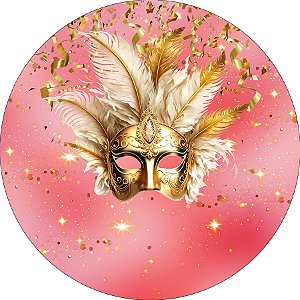 Painel de Festa Redondo em Tecido - Máscara Dourada Carnaval Fundo Rosa 024