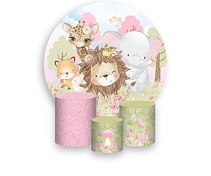 Painel de Festa 3d + Trio Capa Cilindro - Animais Safari Cute Rosa 043
