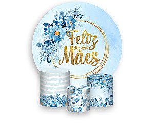 Painel de Festa Redondo + Trio De Capas Cilindro - Dia das Mães Floral Azul 071