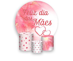 Painel de Festa Redondo + Trio De Capas Cilindro - Dia das Mães Rosa com Corações 074