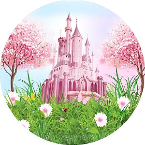 Painel De Festa Redondo 1,50x1,50 - Castelo Jardim com Árvores Rosas 005