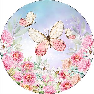 Painel De Festa Redondo 1,50x1,50 - Borboletas Rosa e Bege 020