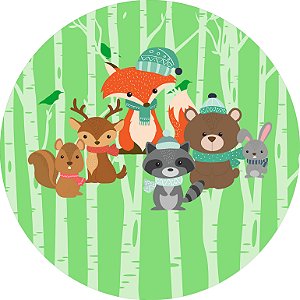 Painel De Festa Redondo 1,50x1,50 - Animais Bosque Verde 003