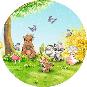 Painel De Festa Redondo 1,50x1,50 - Bosque Animais Efeito Brilho 009