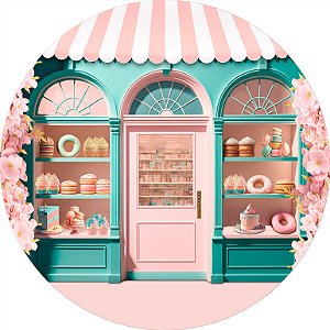 Painel De Festa Redondo 1,50x1,50 - Confeitaria Rosa com Flores 023