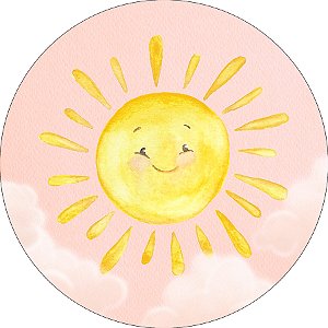 Painel De Festa Redondo 1,50x1,50 - Primeira Volta ao Sol Céu Rosa Aquarela 059