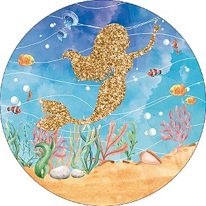 Painel De Festa Redondo 1,50x1,50 - Fundo do Mar Sereia Efeito Glitter Dourado 021