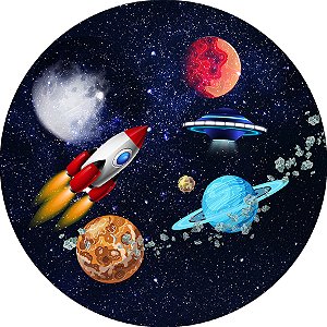 Painel De Festa Redondo 1,50x1,50 - Galáxia com Foguete 010