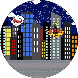 Painel De Festa Redondo 1,50x1,50 - Cidade Heóis Noite 008