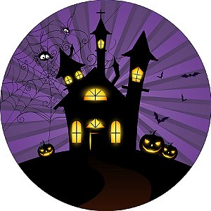 Painel De Festa Redondo 1,50x1,50 - Halloween Castelo Assombrado Roxo 024
