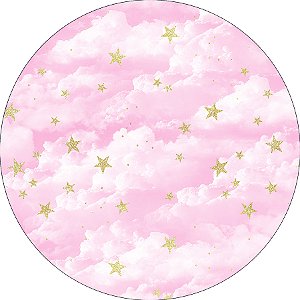 Painel De Festa Redondo 1,50x1,50 - Nuvens Céu Rosa com Estrelas 002