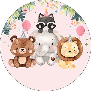 Painel De Festa Redondo 1,50x1,50 - Safari Aniversário Rosa 008