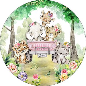 Painel De Festa Redondo 1,50x1,50 - Safari Animais Carrinho Rosa 069