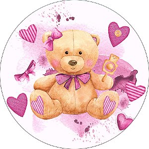 Painel De Festa Redondo 1,50x1,50 - Chá de Bebê Ursinha Corações Rosa 029