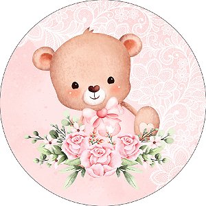 Painel De Festa Redondo 1,50x1,50 - Chá de Bebê Ursinha Rosa Floral 051