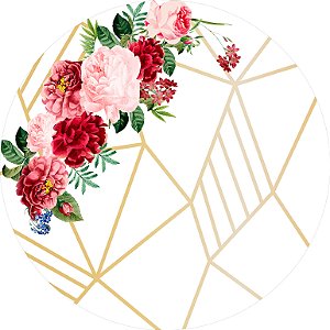 Painel De Festa Redondo 1,50x1,50 - Geométrico Flores Vermelho e Rosa 001