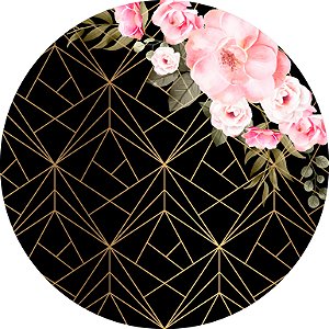 Painel De Festa Redondo 1,50x1,50 - Geométrico com Flores Rosa Claro 008