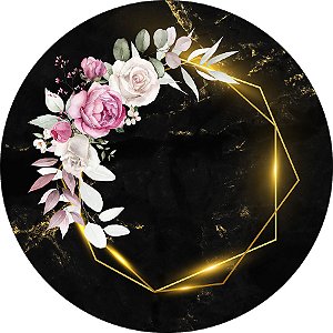 Painel De Festa Redondo 1,50x1,50 - Preto com Geométrico Floral Dourado 090