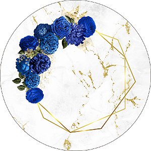 Painel De Festa Redondo 1,50x1,50 - Efeito Mármore com Geométrico Floral Azul 091