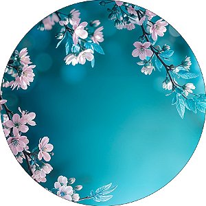 Painel De Festa Redondo 1,50x1,50 - Flores Brancas Fundo Azul 019