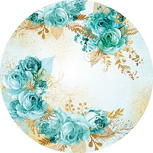 Painel De Festa Redondo 1,50x1,50 - Flores Verde com Dourado 030