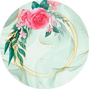 Painel De Festa Redondo 1,50x1,50 - Flores Efeito Mármore Verde e Dourado 043