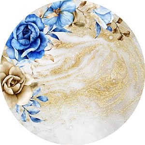 Painel De Festa Redondo 1,50x1,50 - Flores Efeito Mármore Azul e Dourado 044