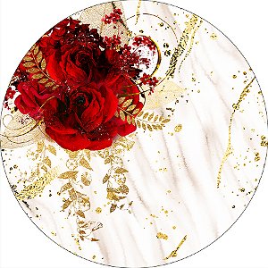 Painel De Festa Redondo 1,50x1,50 - Flores Vermelhas Efeito Mármore Dourado 128