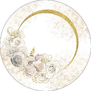Painel De Festa Redondo 1,50x1,50 - Flores Brancas Dourado 136