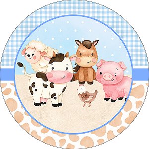 Painel De Festa Redondo 1,50x1,50 - Fazendinha Azul e Bege 043