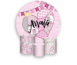 Painel De Festa Redondo 1,50 x 1,50 + Trio De Capas Cilindro - Coração Arraiá Rosa 004