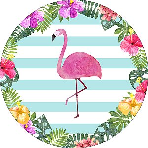 Painel De Festa Redondo 1,50x1,50 - Folhas Tropicais e Flamingo 002