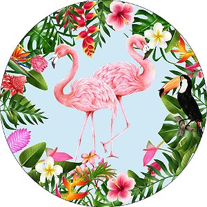 Painel De Festa Redondo 1,50x1,50 - Tropical Flamingos Vegetação 017