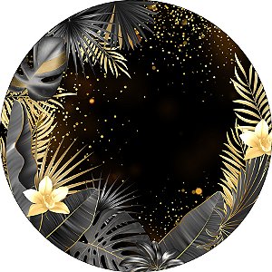 Painel De Festa Redondo 1,50x1,50 - Folhas Tropical Preto e Dourado 018