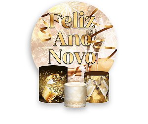 Painel De Festa Redondo 1,50 x 1,50 + Trio De Capas Cilindro - Ano Novo Fogos com Espumante 005