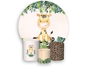 Painel De Festa Redondo 1,50 x 1,50 + Trio De Capas Cilindro - Safari Girafa Fundo Bege 026
