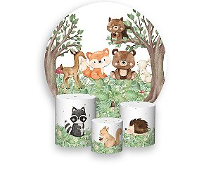 Painel De Festa Redondo 1,50 x 1,50 + Trio De Capas Cilindro - Animais no Bosque Cute 037