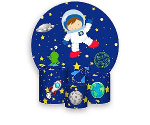 Painel De Festa Redondo 1,50 x 1,50 + Trio De Capas Cilindro - Astronauta na Galáxia Azul 006