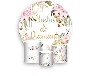 Painel De Festa Redondo 1,50 x 1,50 + Trio De Capas Cilindro - Flores Bodas de Diamante Elegante 022