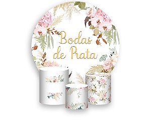 Painel De Festa Redondo 1,50 x 1,50 + Trio De Capas Cilindro - Flores  Bodas de Prata Elegante 027