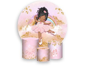 Painel De Festa Redondo 1,50 x 1,50 + Trio De Capas Cilindro -  Bailarina Efeito Glitter Dourado 011